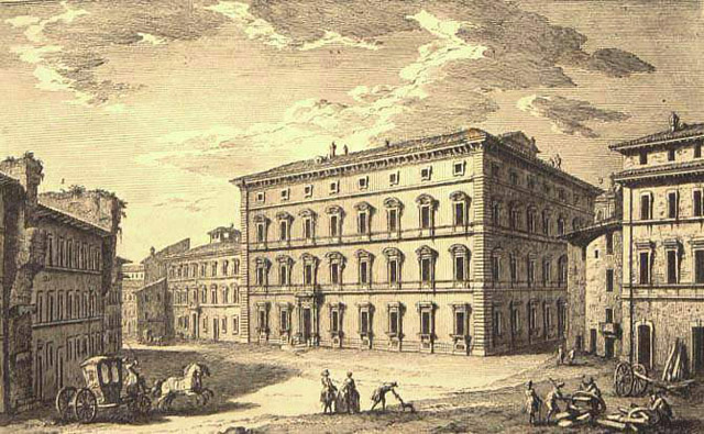 Palazzo Maffei -Sannesio- d'Este - Marescotti (proprietà del Duca Francesco Sannesio nel 1644. In questo palazzo erano probabilmente situati i beni che nell'inventario vengono distinti con l'intestazione "beni della Marca"). Acquaforte, 1745-1765, G. Vasi.