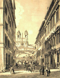 Veduta di Via Condotti all'altezza del palazzo Marucelli (a destra) (Francesco Marucelli - 1704) - Acquaforte, 1848, L. Rossini.