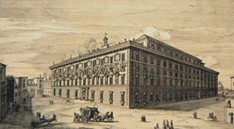 Palazzo Capodiferro poi Spada (Abitazione del Cardinale Paolo Sfondrato - 1618). Acquaforte, 1690, A. Specchi.
