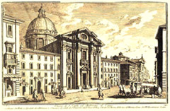 Chiesa di S. Carlo ed Ambrogio al Corso (nell'edificio attiguo alla chiesa era conservata la collezione dei dipinti di Donato Fini - 1692). Acquaforte, 1745-1765, G. Vasi.